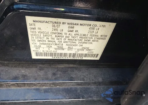 2007 Nissan Maxima 3.5 Se из США, поврежденный, VIN 1N4BA41EX7C864558